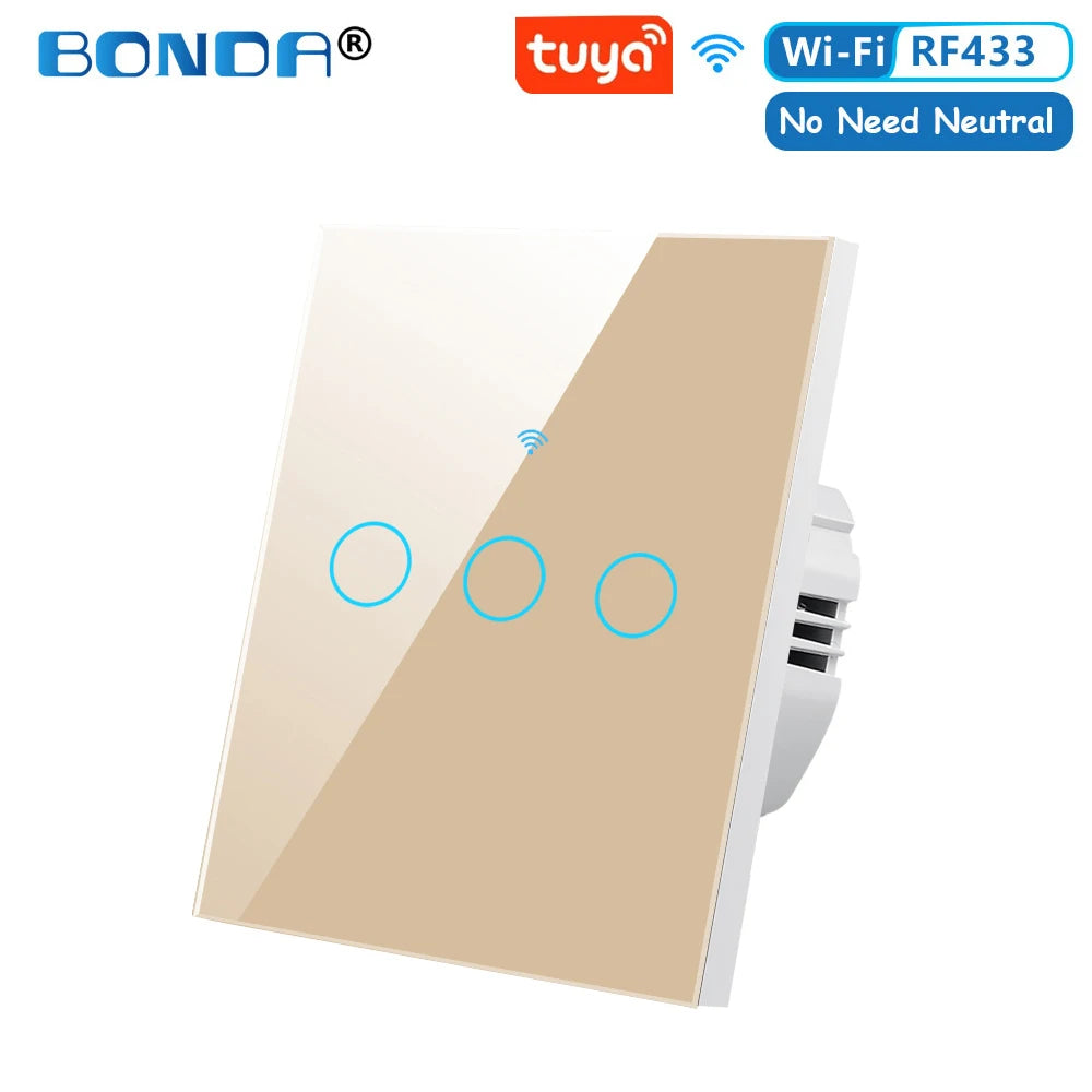 BONDA Smart Switch Wifi RF433 No Neutral EU Standard Tuya Control Works with Alexa Google Home WiFi Smart Home Touch Switches 86