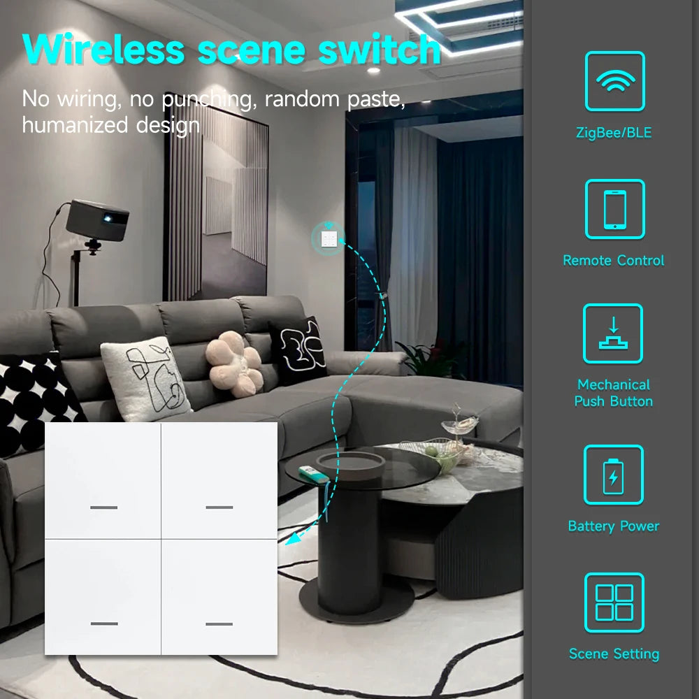 Tuya ZigBee 3.0 Smart Scene Switch Wireless Free Sticker Wall Scene Switch Push Button Battery Powered Transmitter Alexa