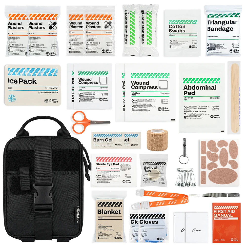RHINO RESCUE Home & Outdoor First Aid Kit | Burn Gel, Tourniquet, Trauma Bandage, Thermal Blanket | Family Emergency