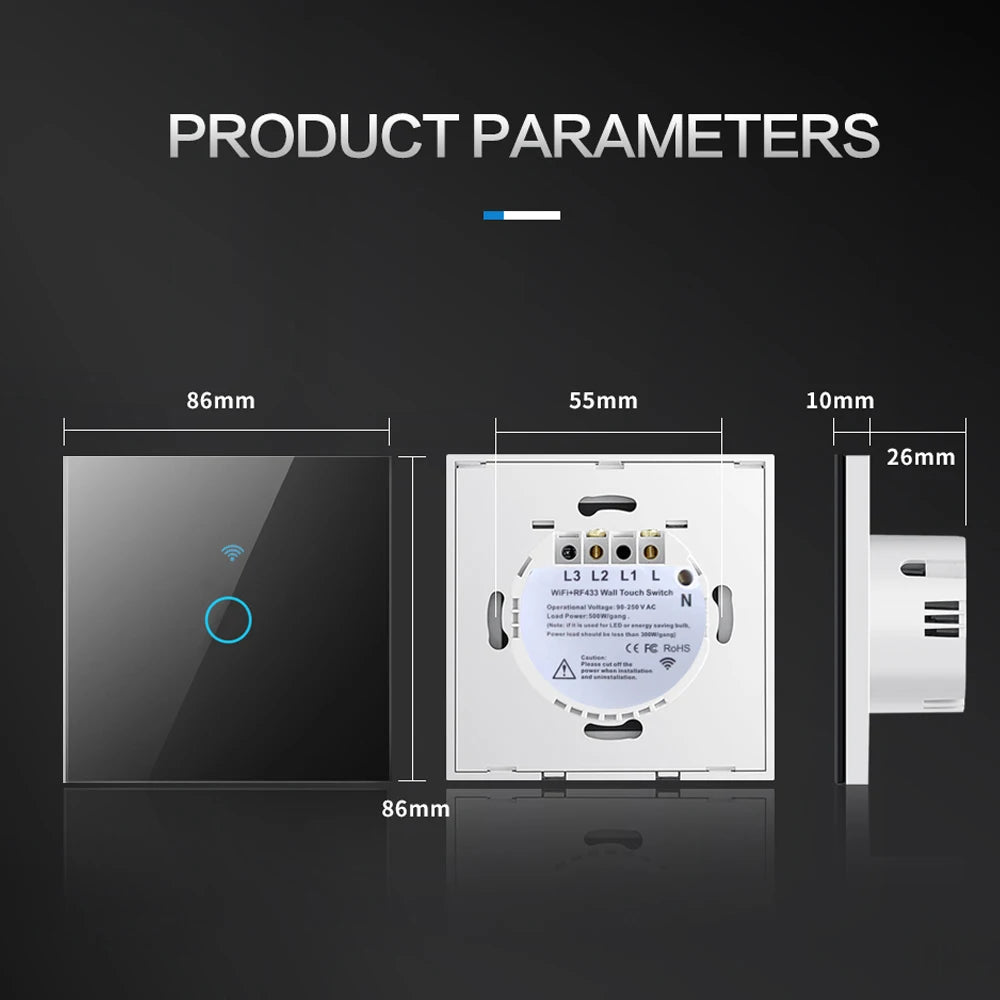 BONDA Smart Switch Wifi RF433 No Neutral EU Standard Tuya Control Works with Alexa Google Home WiFi Smart Home Touch Switches 86