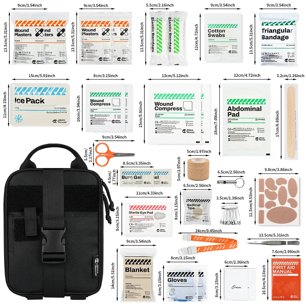 RHINO RESCUE Home & Outdoor First Aid Kit | Burn Gel, Tourniquet, Trauma Bandage, Thermal Blanket | Family Emergency