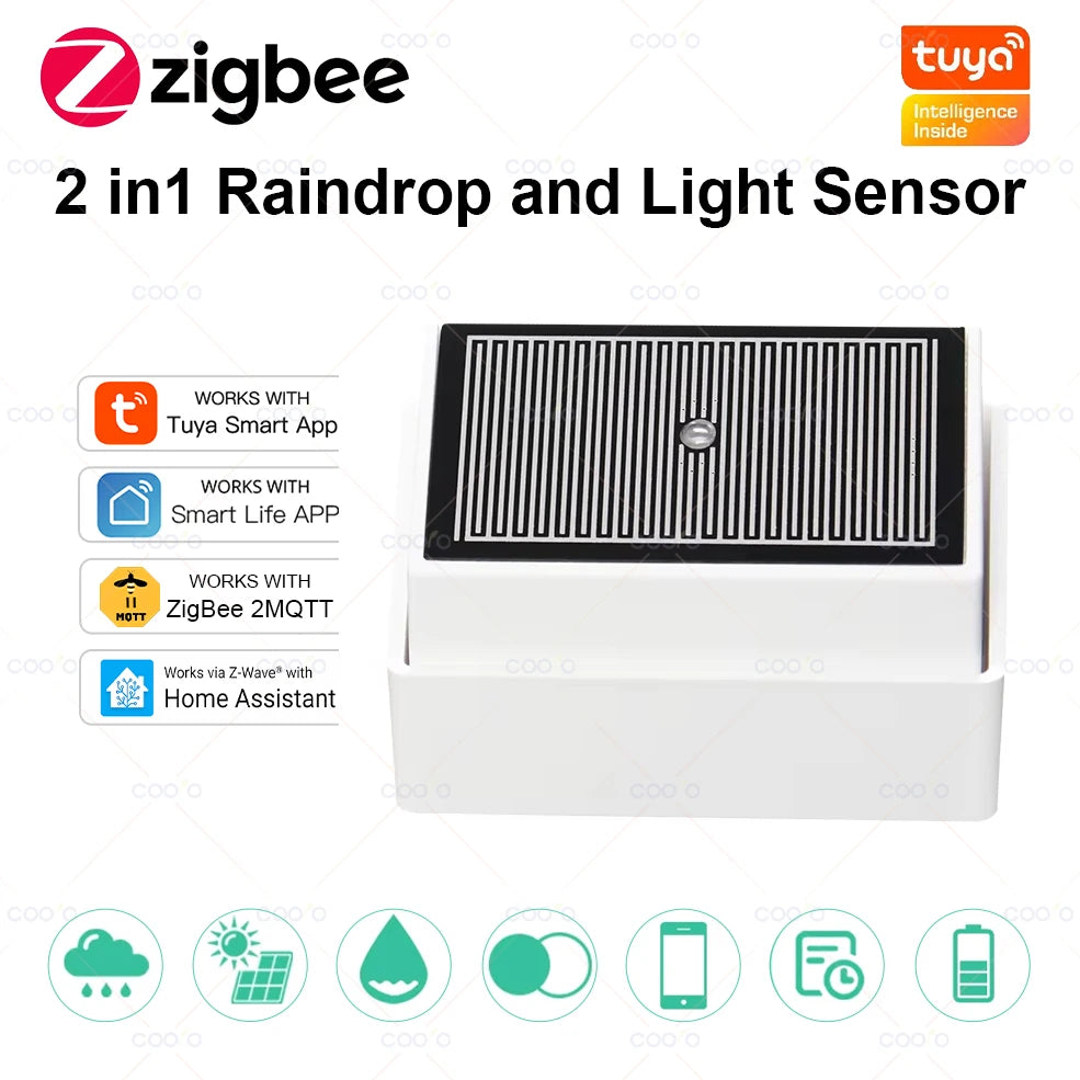 2 in 1 Tuya Zigbee Rain Sensor with Light Detector IPX4 Outdoor Waterproof Rain Detector work with Smart Life Home Assistant Z2M
