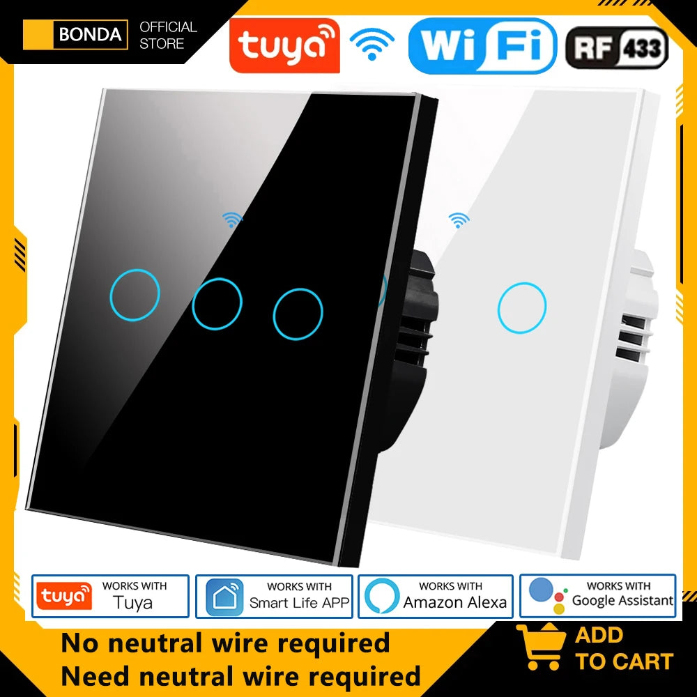 BONDA Smart Switch Wifi RF433 No Neutral EU Standard Tuya Control Works with Alexa Google Home WiFi Smart Home Touch Switches 86