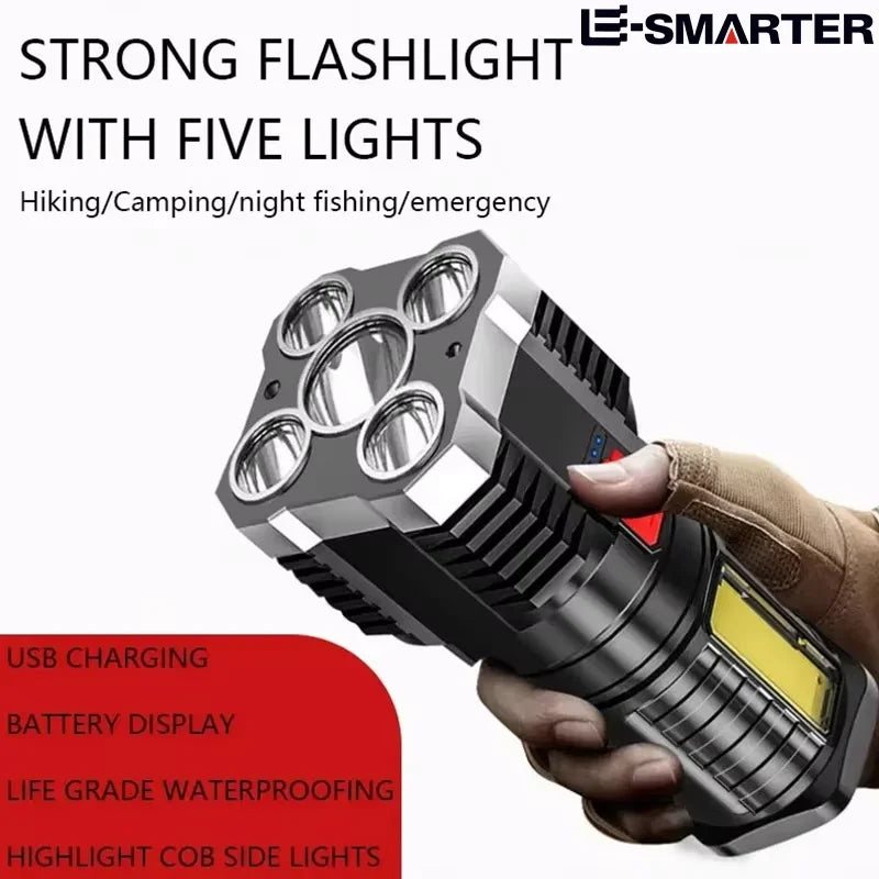5LED Rechargeable Flashlight – Spotlight & Side Light, 3 Modes