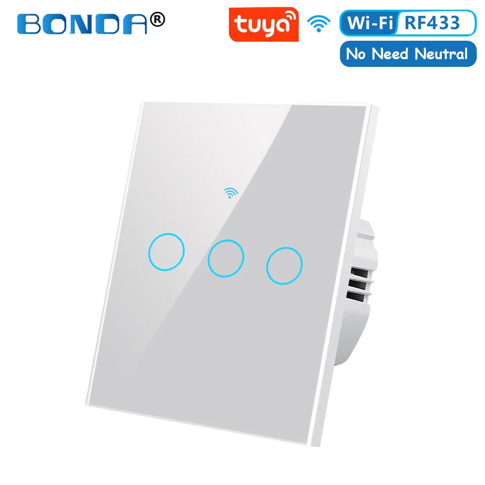 BONDA Smart Switch Wifi RF433 No Neutral EU Standard Tuya Control Works with Alexa Google Home WiFi Smart Home Touch Switches 86