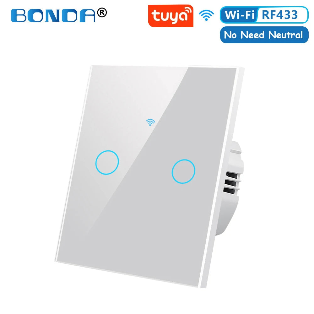 BONDA Smart Switch Wifi RF433 No Neutral EU Standard Tuya Control Works with Alexa Google Home WiFi Smart Home Touch Switches 86