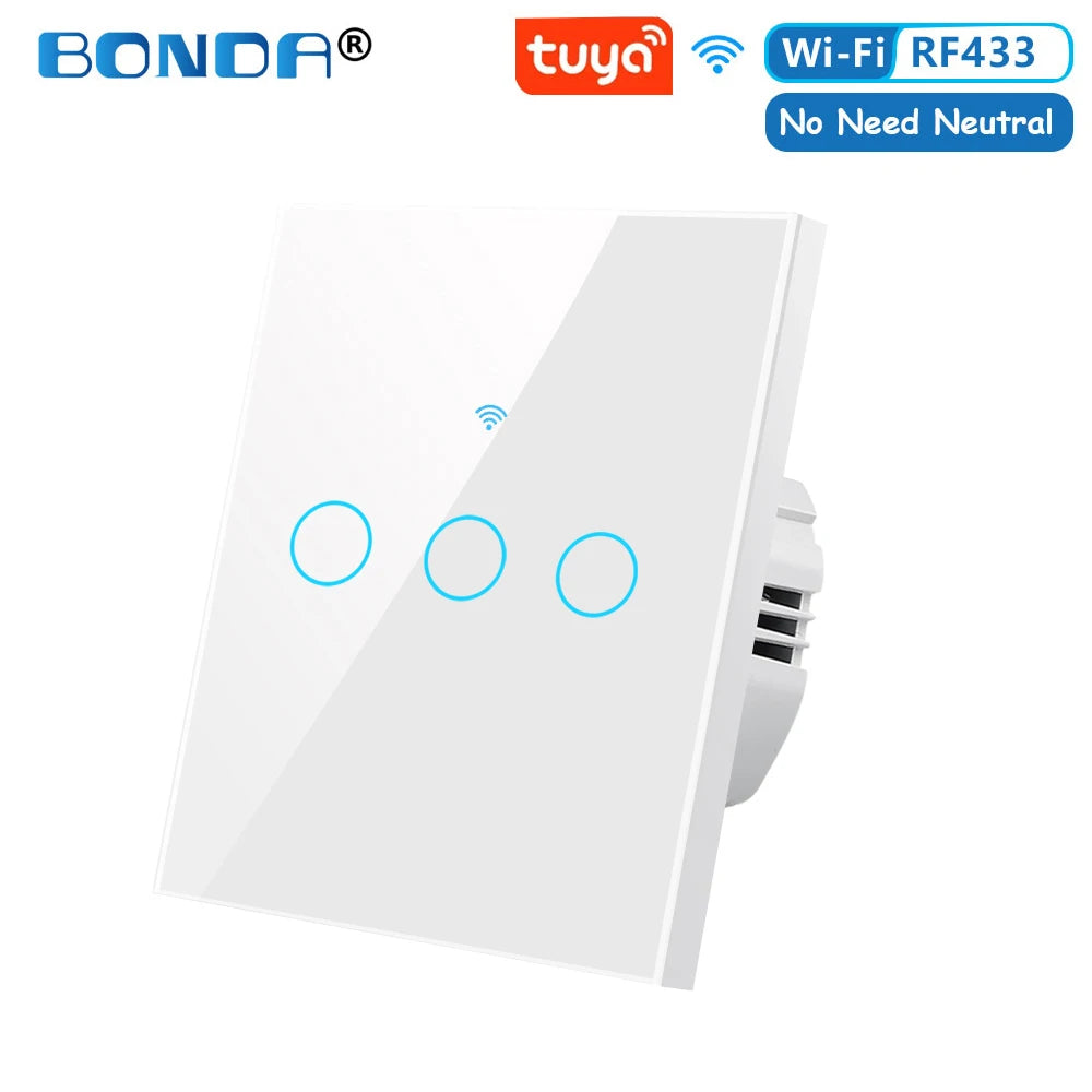 BONDA Smart Switch Wifi RF433 No Neutral EU Standard Tuya Control Works with Alexa Google Home WiFi Smart Home Touch Switches 86