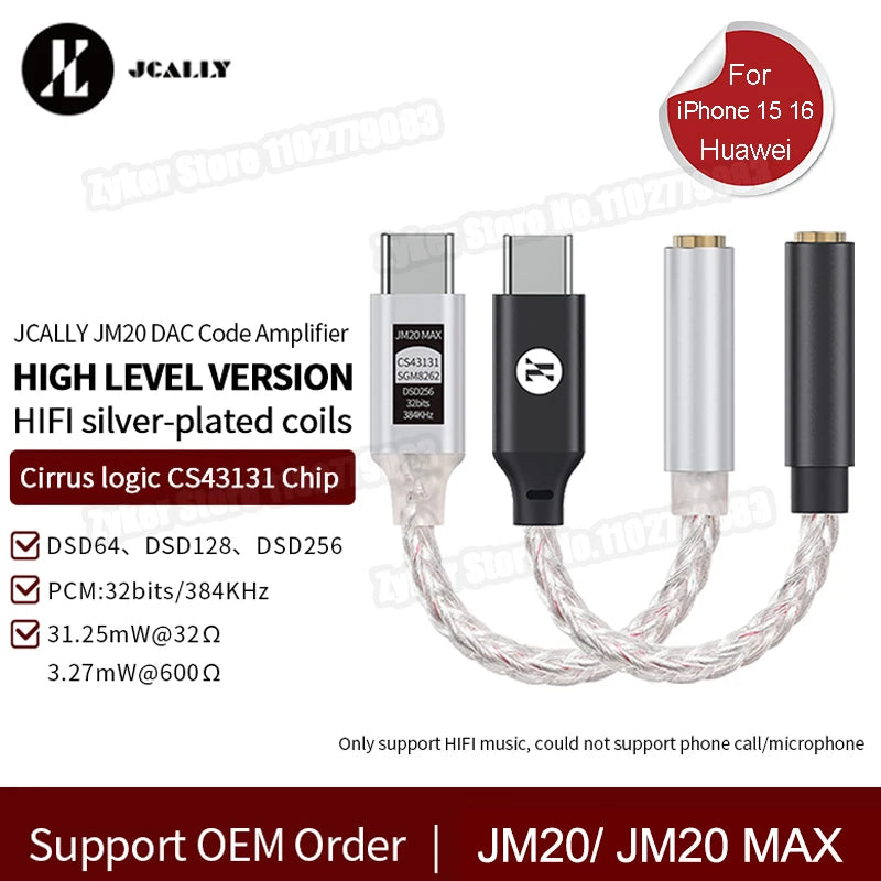 JCALLY JM20 Max CS43131 Type C to 3.5mm HiFi DAC JM20 Digital Audio Decoding USB C Earphone AMP Adapter for Android iPhone 15 16