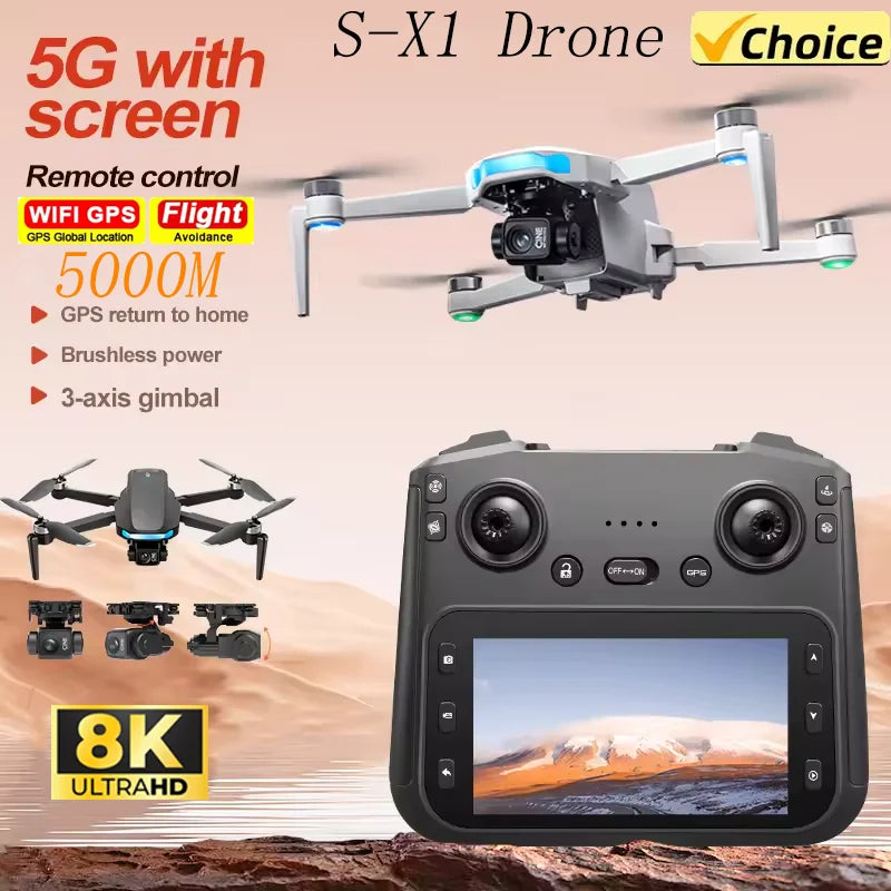 New S-X1 Drones with Screen 3-Axis Anti-shake Gimbal Brushless Motors Aerial RC Quadcopters 5G GPS 8K HD EIS Cameras Quadcopters
