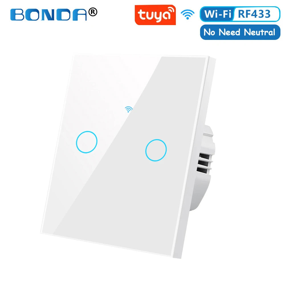 BONDA Smart Switch Wifi RF433 No Neutral EU Standard Tuya Control Works with Alexa Google Home WiFi Smart Home Touch Switches 86