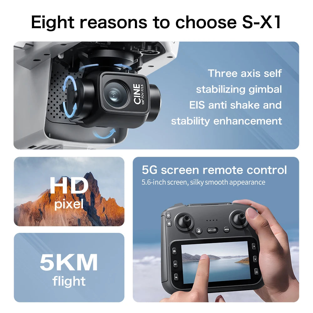 New S-X1 Drones with Screen 3-Axis Anti-shake Gimbal Brushless Motors Aerial RC Quadcopters 5G GPS 8K HD EIS Cameras Quadcopters