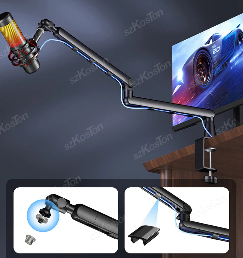 Professional Studio Low Profile Mic Arm with Extended Riser Cable Management Adjustable Microphone Stand for SM7B MV7 AM8 K688