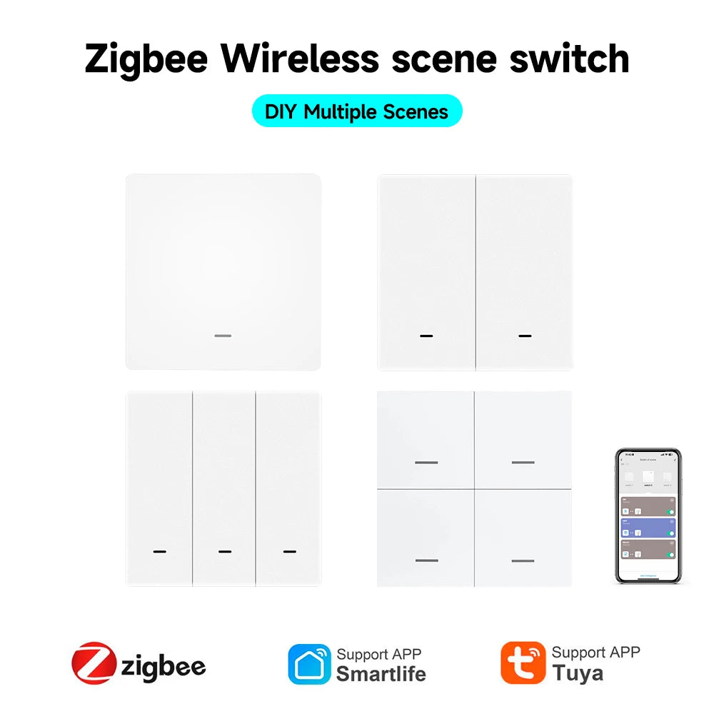 Tuya ZigBee 3.0 Smart Scene Switch Wireless Free Sticker Wall Scene Switch Push Button Battery Powered Transmitter Alexa